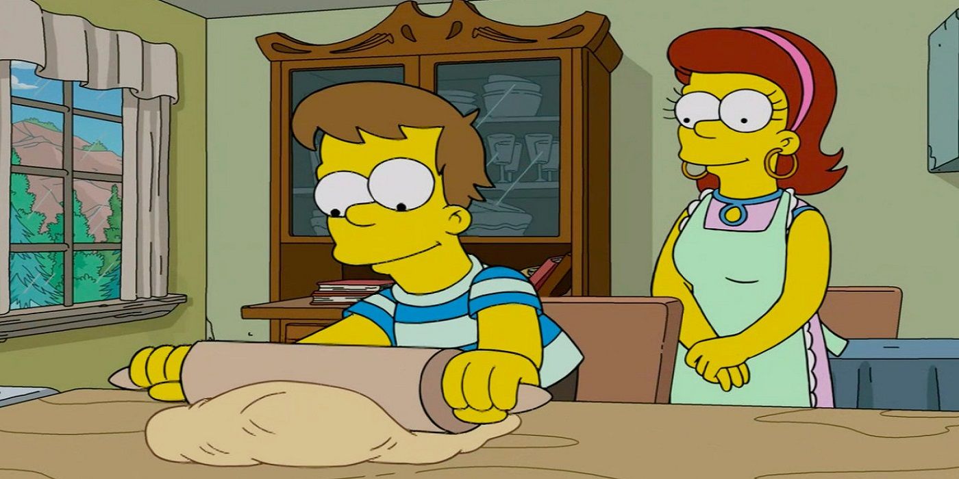 Homer rolls pastry as Mona watches in The Simpsons