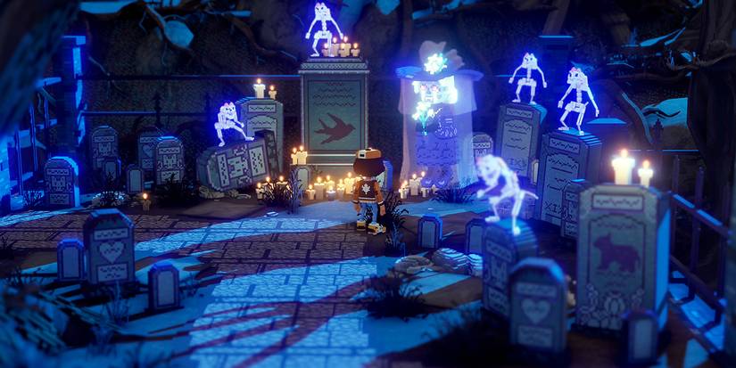 A character explores a haunted graveyard in Echo Generation.