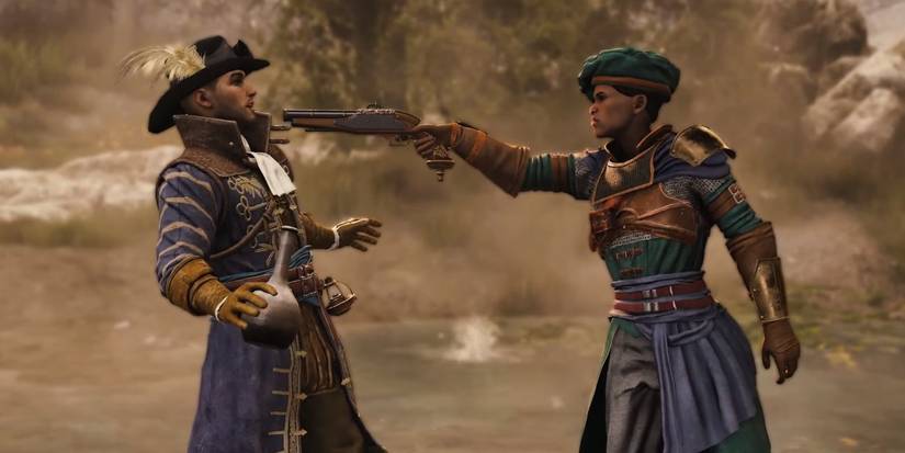 A character in Greedfall pointing a flintlock pistol at another.