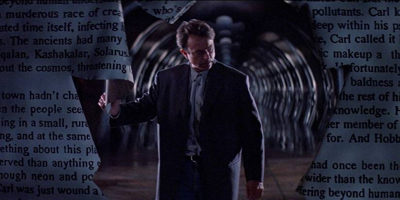 Sam Neill in The Mouth of Madness with paper clippings as a background