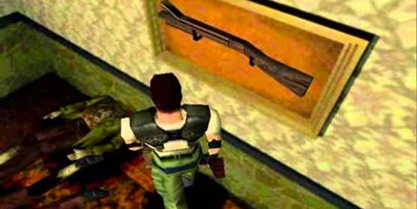 Resident Evil 1 shotgun hanging on a wall