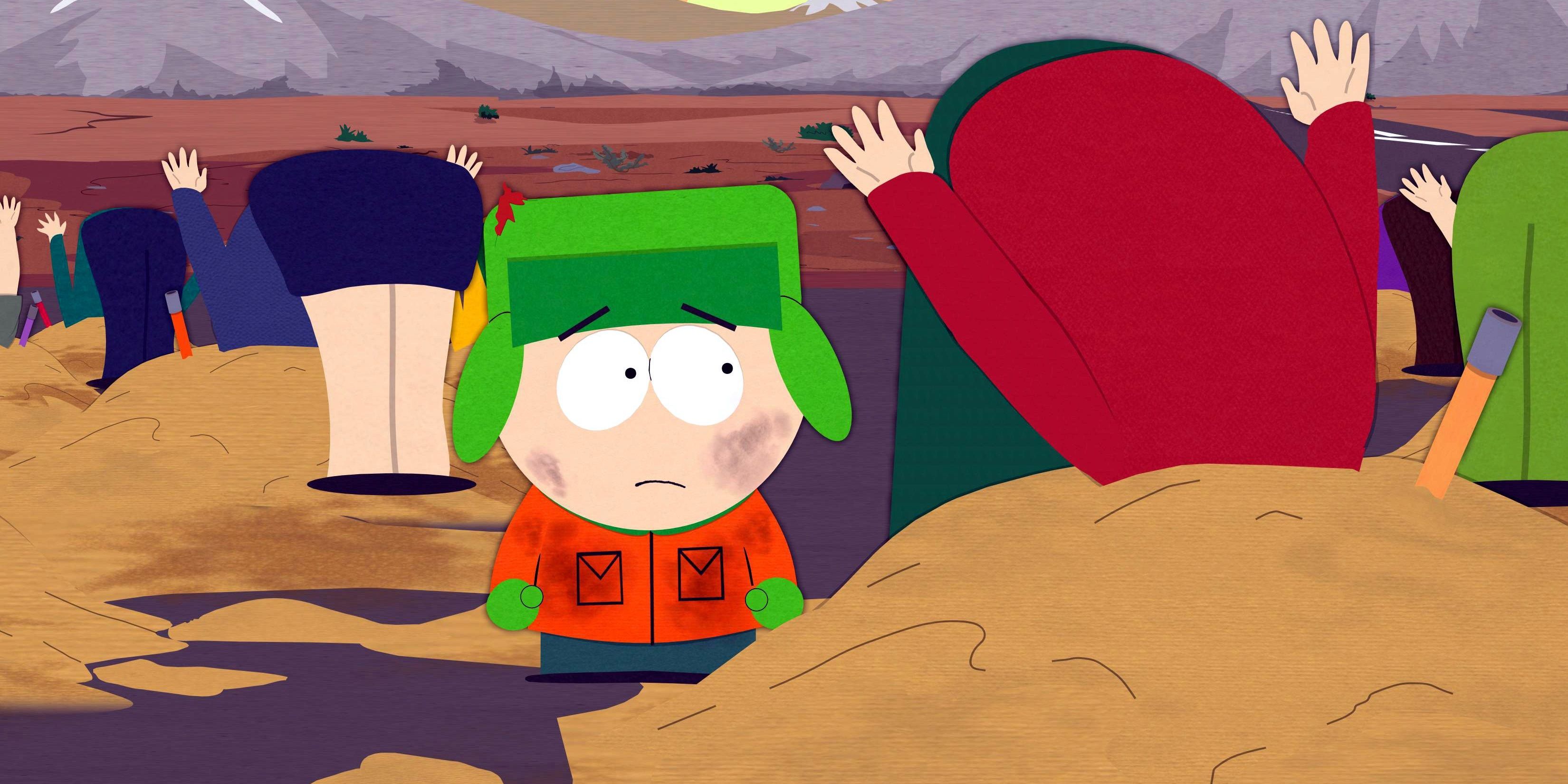 Kyle looking at people with the heads in sand in South Park
