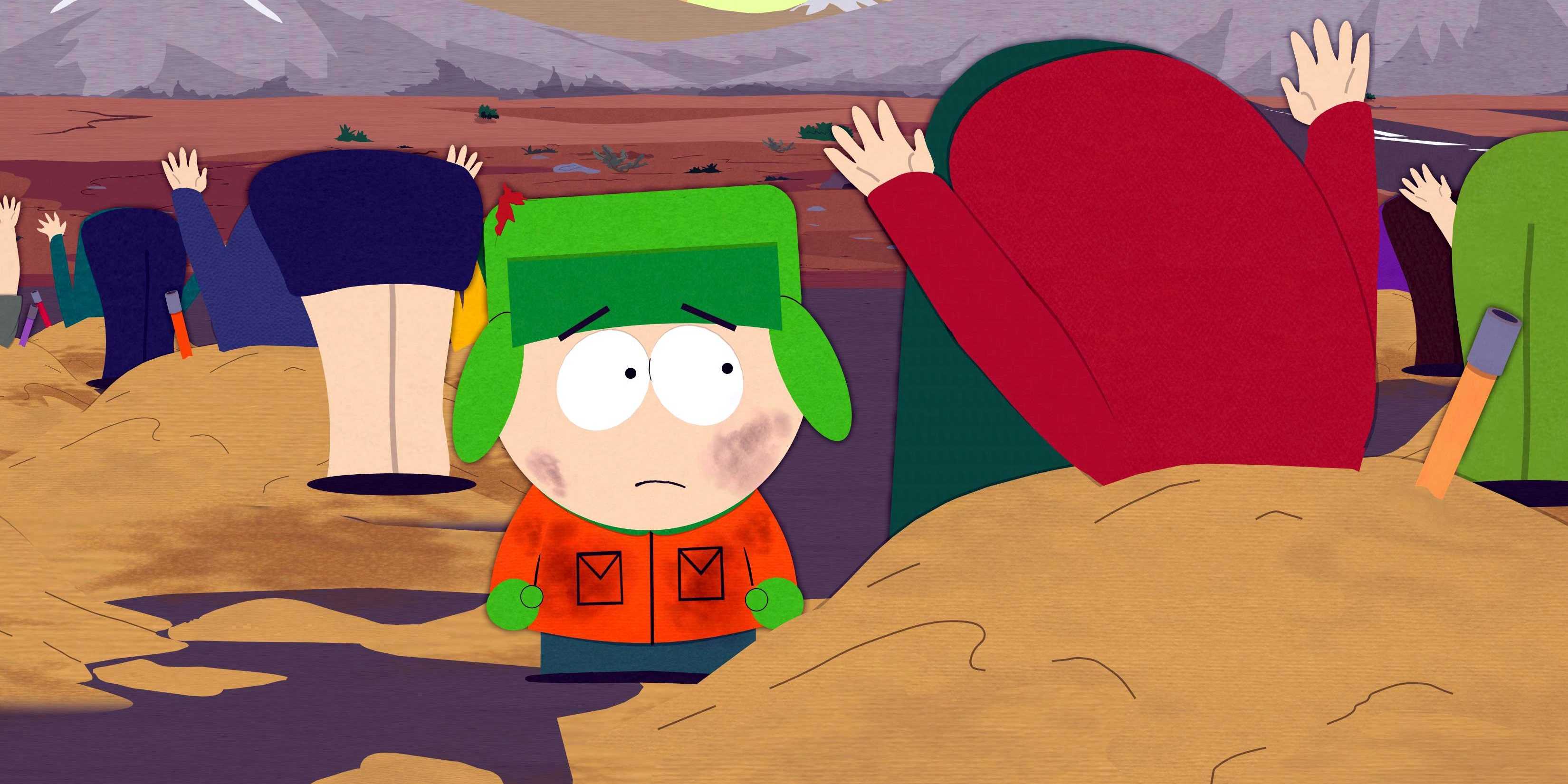 Kyle looking at people with the heads in sand in South Park