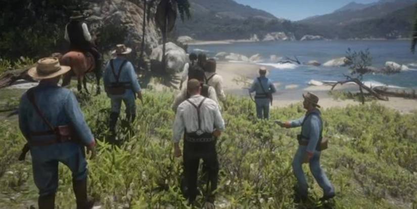 Arthur Morgan stuck in a chain gain in Red Dead Redemption 2
