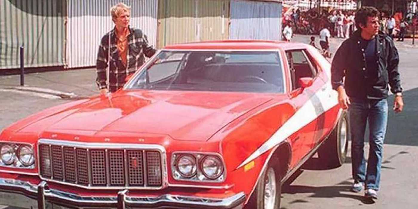 Starsky and Hutch with their iconic red Ford Gran Torino.