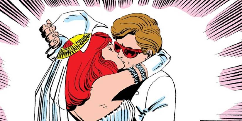 Cyclops and Madelyne Pryor kiss at their wedding in the X-Men comics
