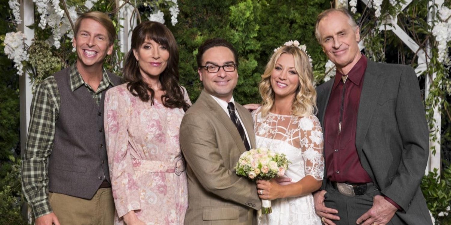 Penny, Penny's family, and Leonard at her wedding in The Big Bang Theory