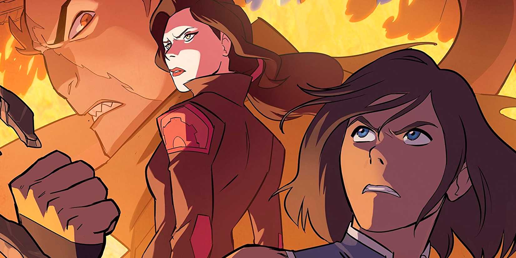 Tokuga and flames appear behind Asami and Korra in The Legend of Korra comic Turf Wars