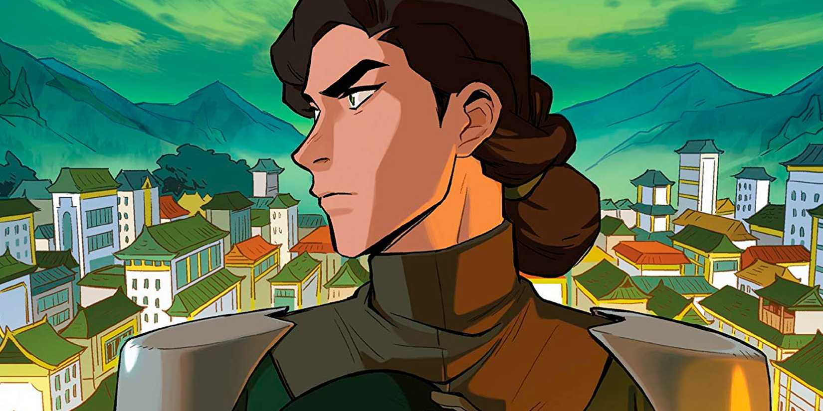 Kuvira in the foreground with an Earth Kingdom city behind her in The Legend of Korra comic Ruins of Empire