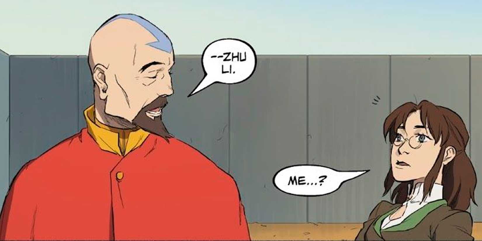 Tenzin talking with Zhu Li in The Legend of Korra comics