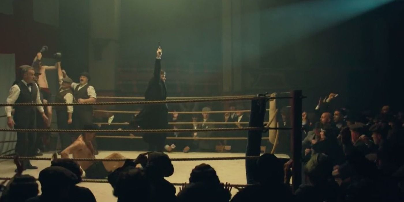 Tommy stops the boxing celebrations after the Changrettas invade the event and kill Arthur in Peaky Blinders