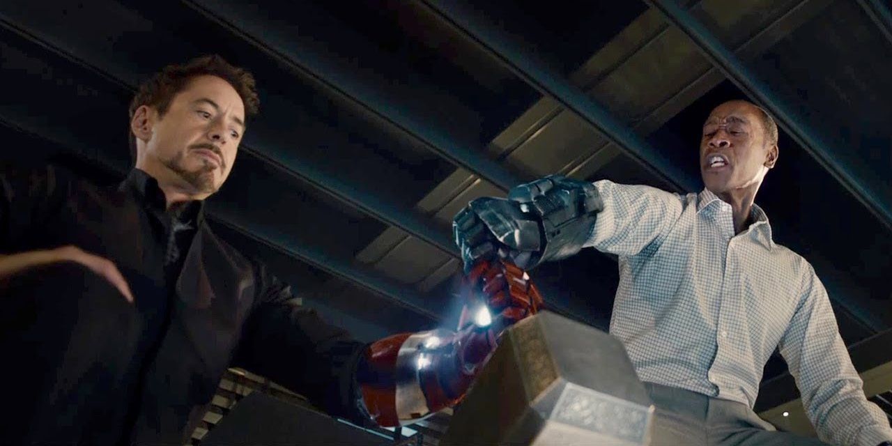 Tony and Rhodey try to life Thors hammer in Avengers Age of Ultron