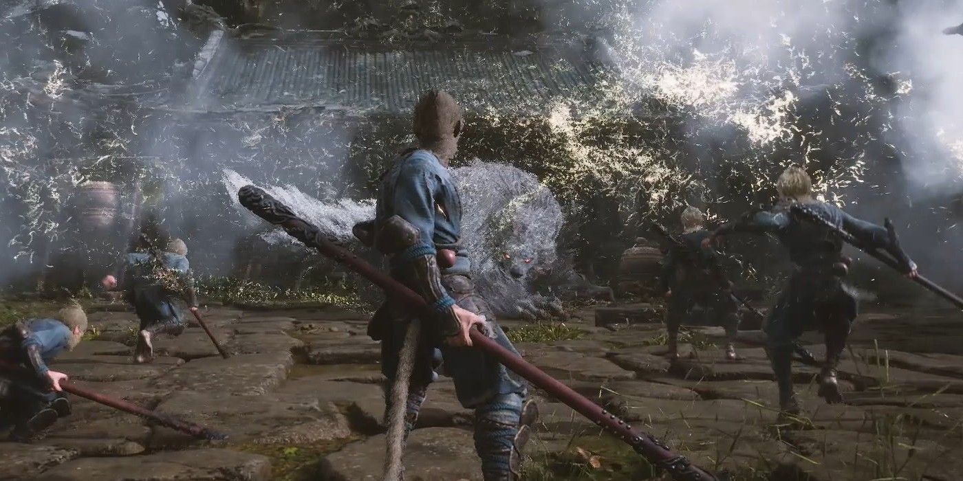 Sun Wukong fighting enemies with his staff in Black Myth: Wukong.