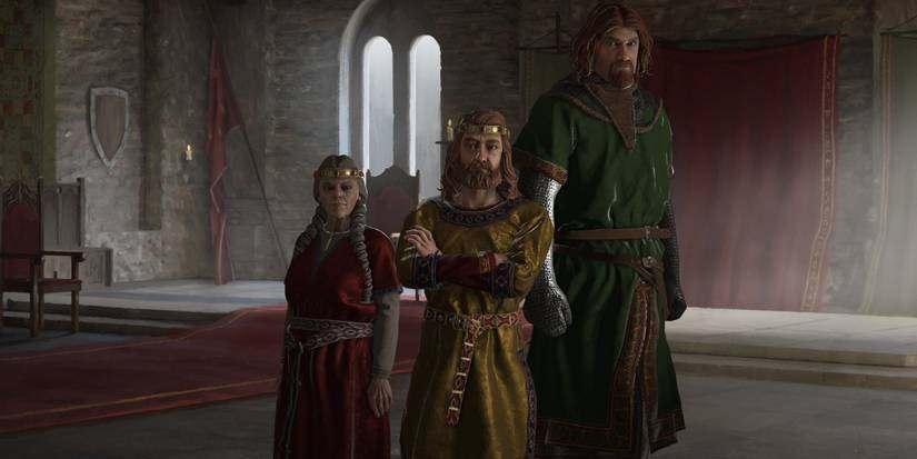 Три персонажа из Crusader Kings 3 стоят рядом друг с другом в средневековом замке.