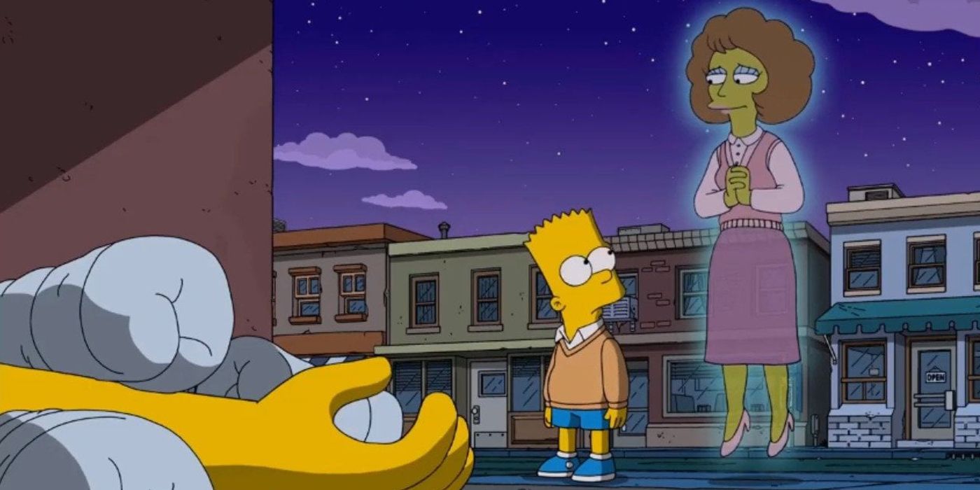 Maude's ghost talks to Bart beside a dead person's hand in The Simpsons