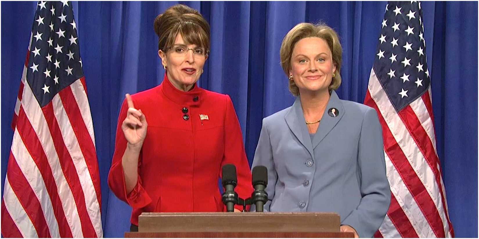 A screenshot of Tina Fey's Sarah Palin and Amy Poehler's Hillary Clinton from Saturday Night Live
