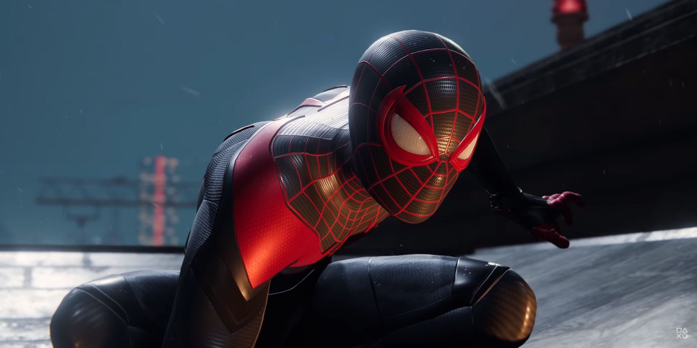 Miles Morales climbing on a building and looking at something in Spider-Man: Miles Morales