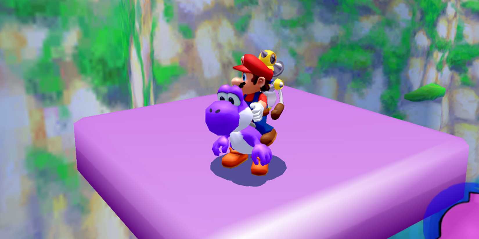 Super Mario riding a Purple yoshi on top of a purple platform in Super Mario Sunshine.