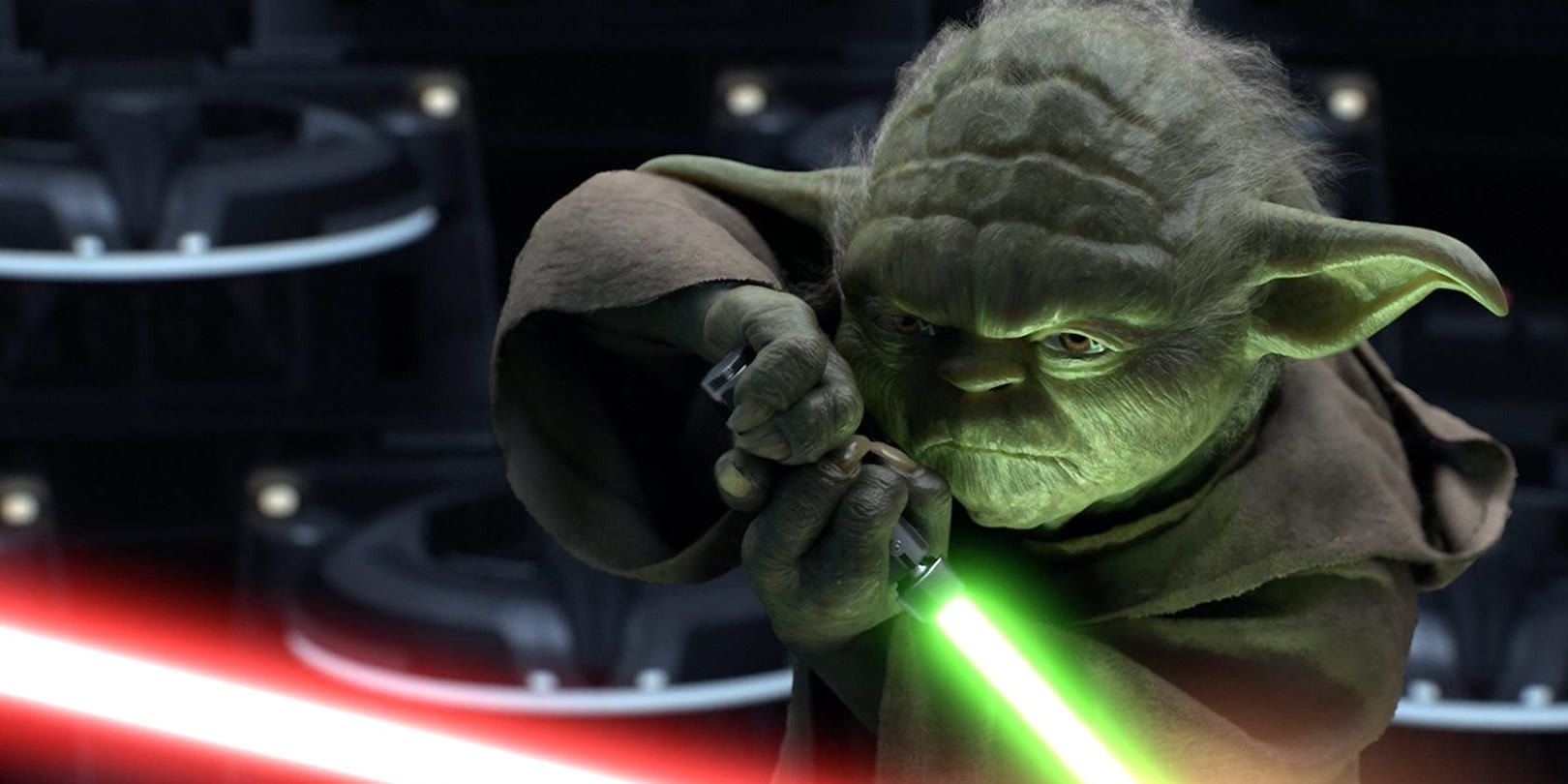 Yoda vs Darth Sidious in Revenge of the Sith with Yoda looking angry and wielding his green lightsaber