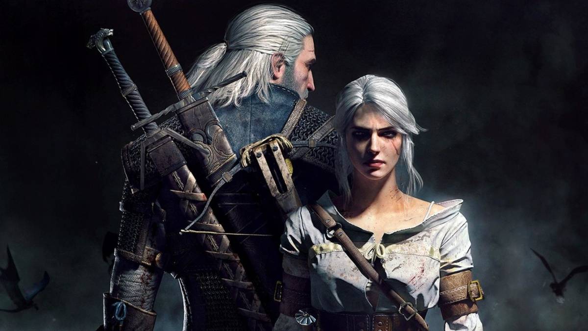 Geralt with his back turned and Ciri facing front in the video game The Witcher 3