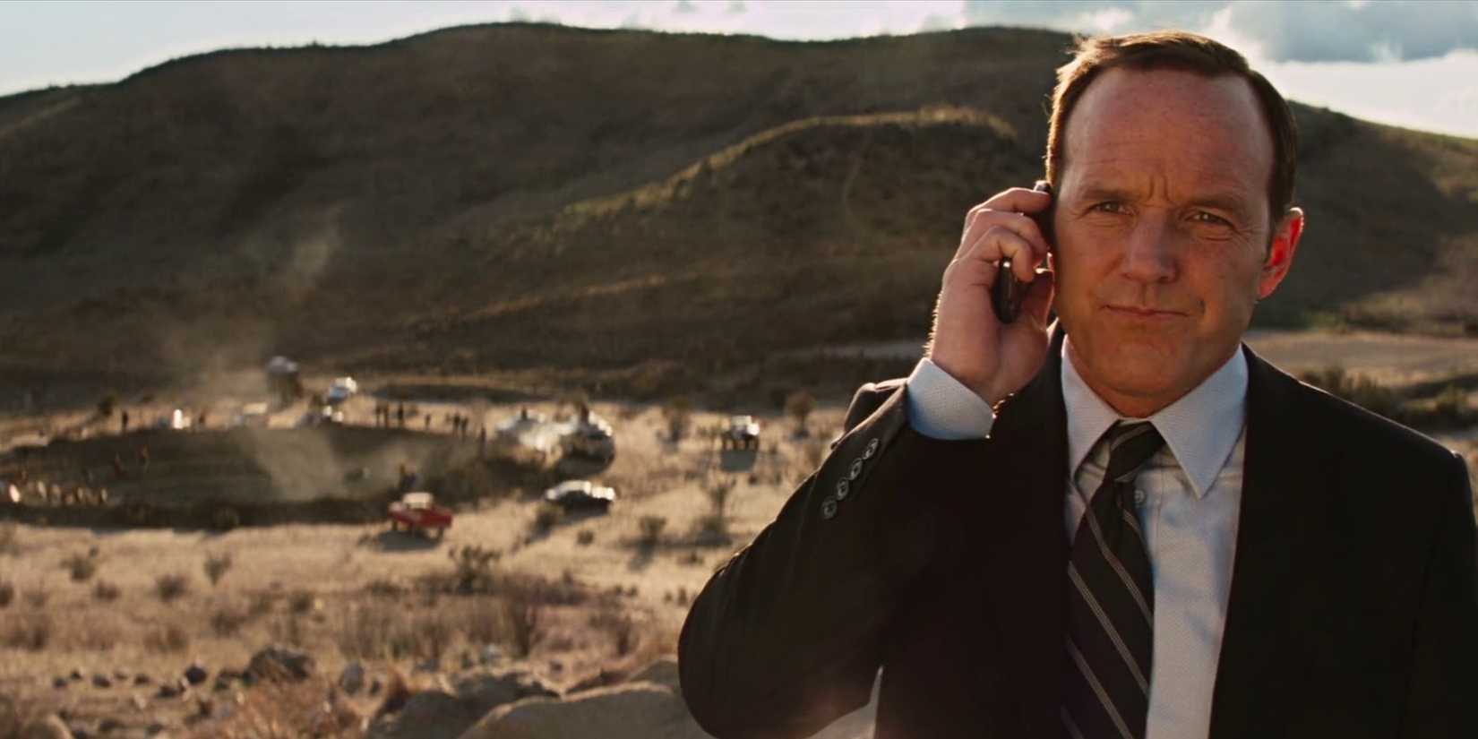 Agent Coulson finds Thor's hammer in Iron Man 2 movie.
