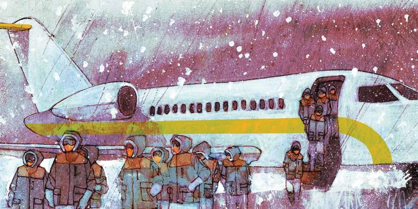People exit a small plane from The Department of Truth