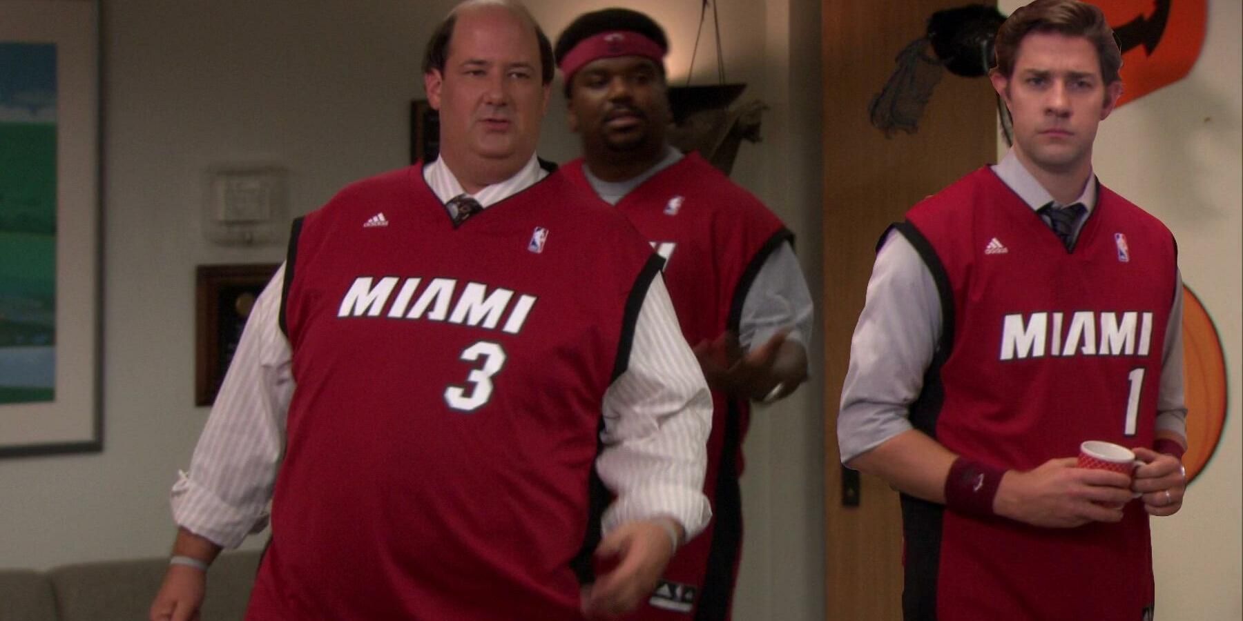 Kevin, Darryl, Jim dressed in Miami Heat jerseys in The Office