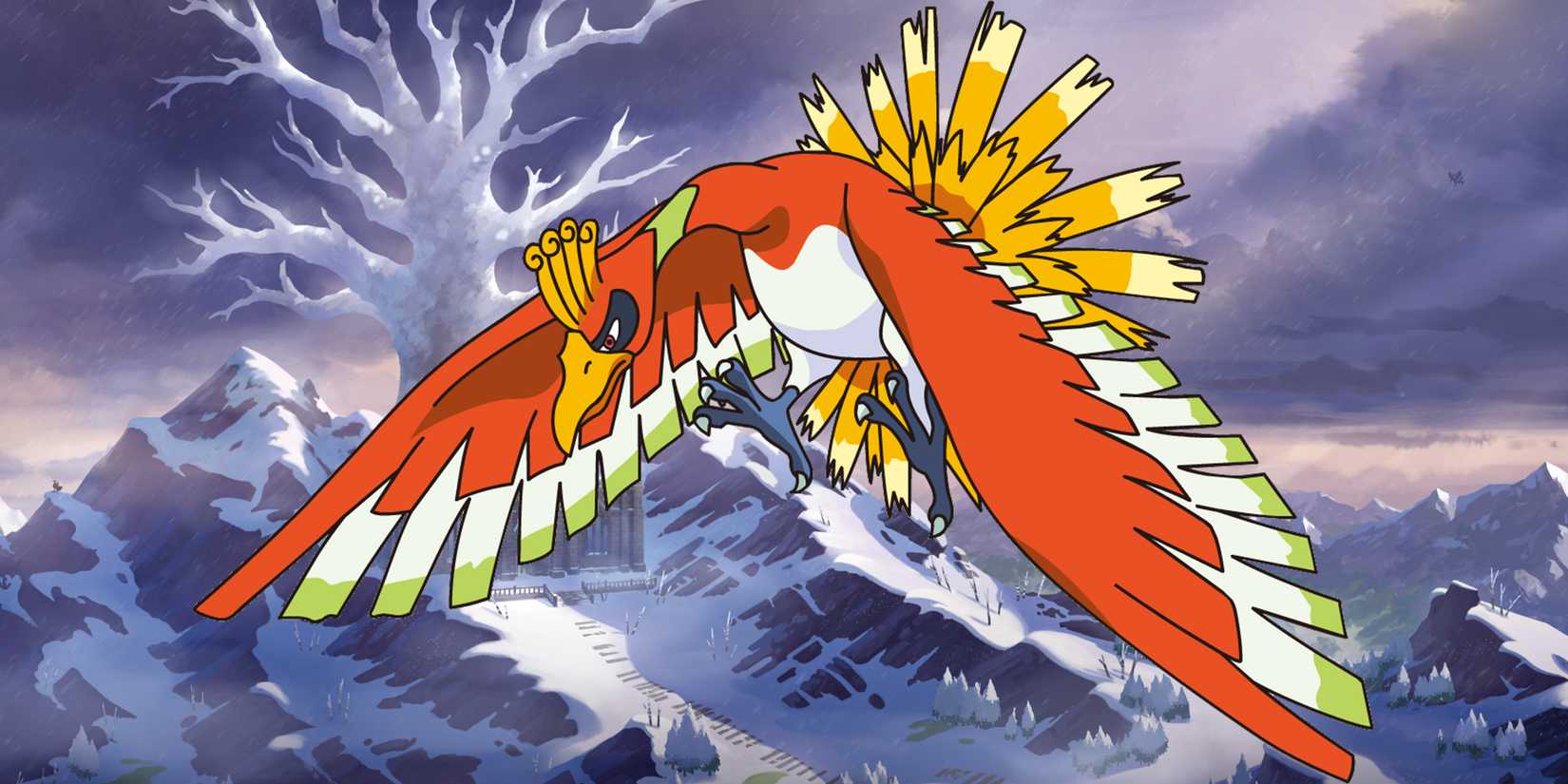 Ho-Oh against a Crown Tundra background in Pokémon Sword & Shield