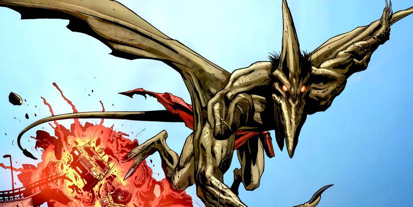 The villain Sauron flying away from an explosion