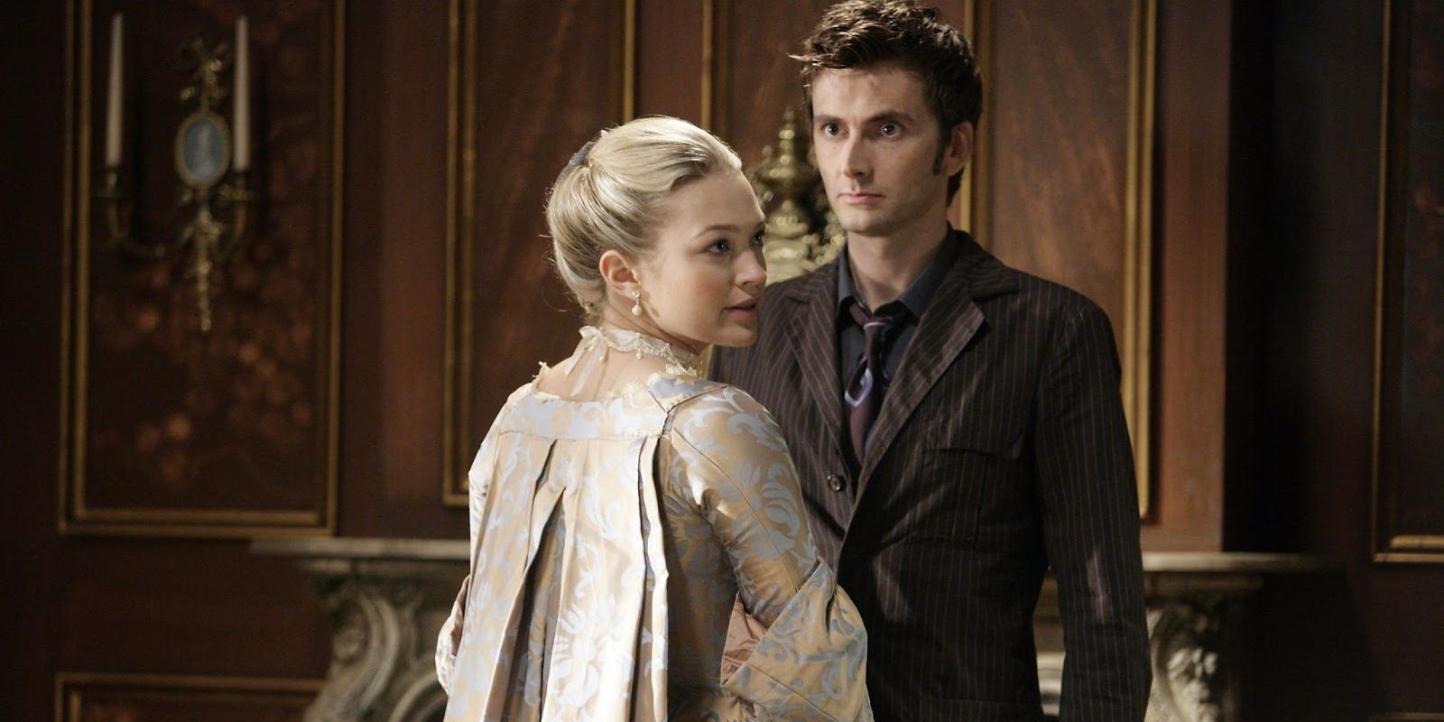 Tenth Doctor and Madame de Pompadour in the Doctor Who episode The Girl in the Fireplace.
