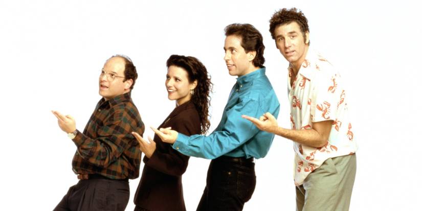 George (Jason Alexander), Elaine (Julia Louis-Dreyfus), Jerry (Jerry Seinfeld), Kramer (Michael Richards) posing for Seinfeld cast photo.