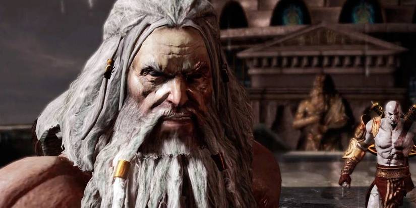 An image of an Angry Zeus flanked by Kratos in God of War
