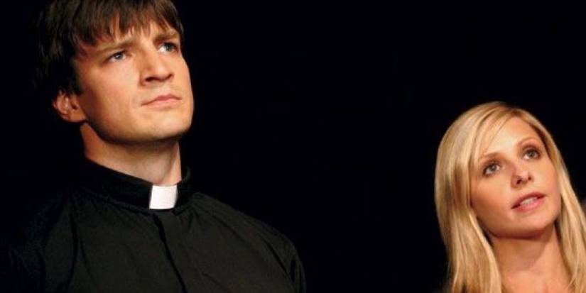 Nathan Fillion's Caleb and Sarah Michelle Gellar's Buffy stand and talk in Buffy the Vampire Slayer