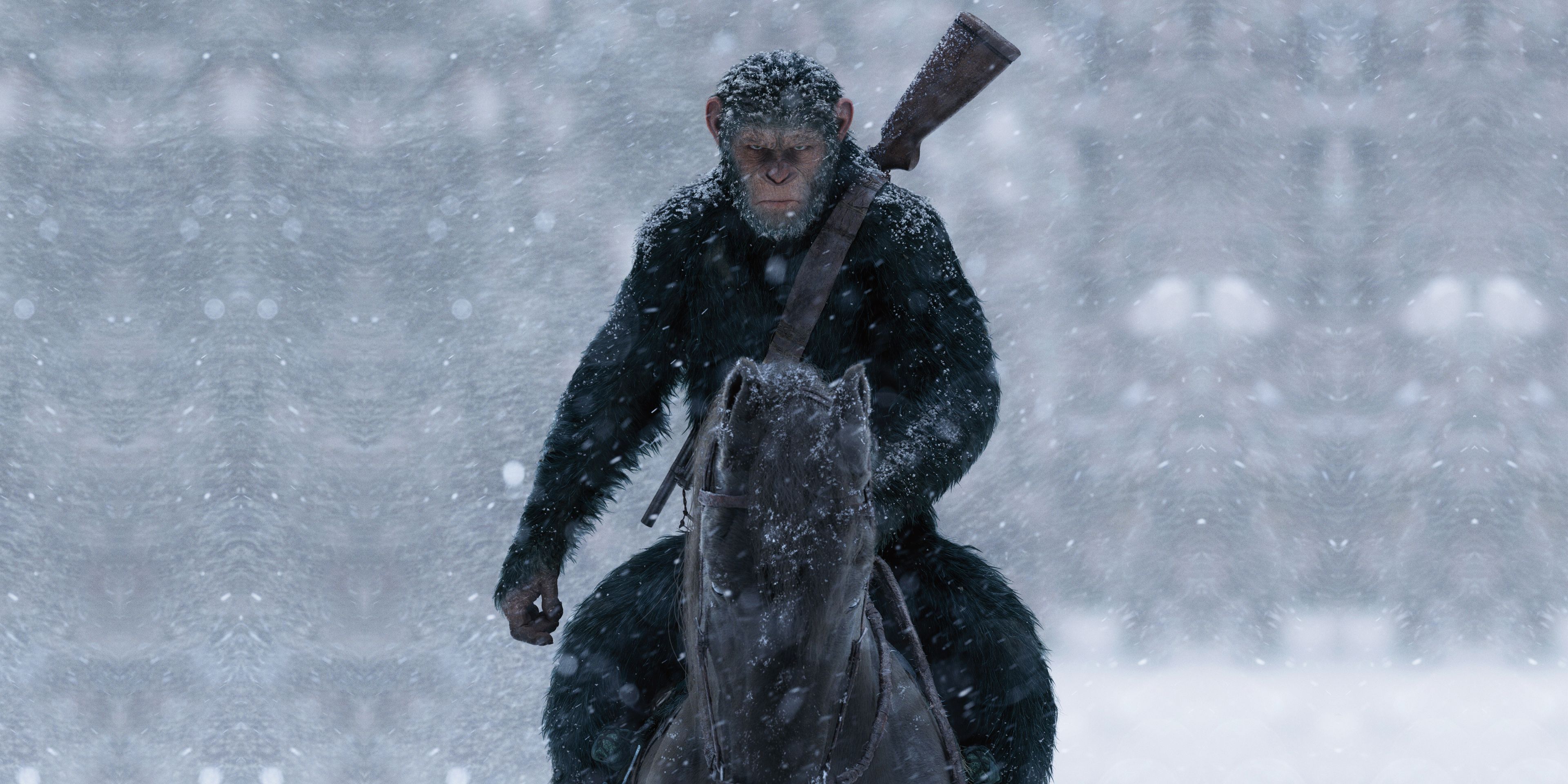 Caesar rding his horse in the snow in War for the Planet of the Apes
