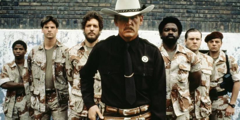 A cast photo of Extreme Prejudice fronted by Nick Nolte