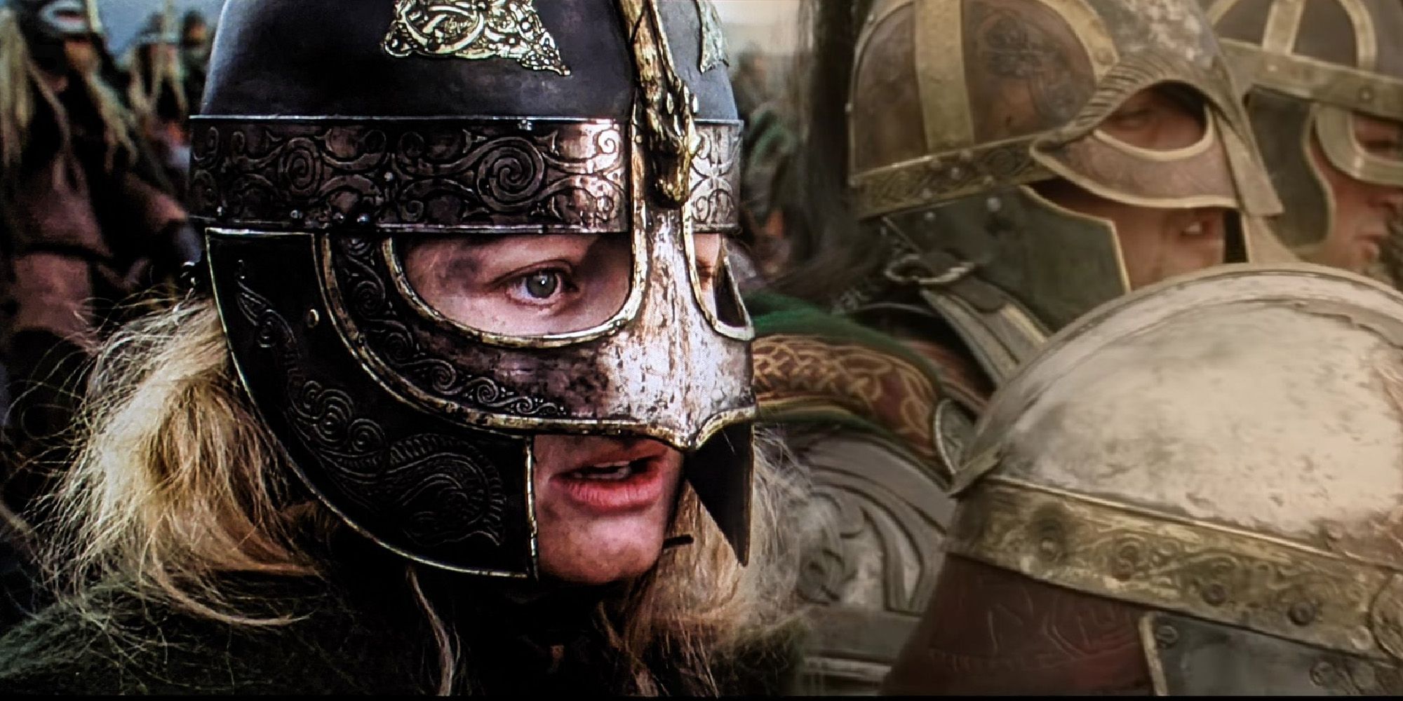 Eowyn looking scared while wearing a helmet before battle in Lord of the Rings: Return of the King