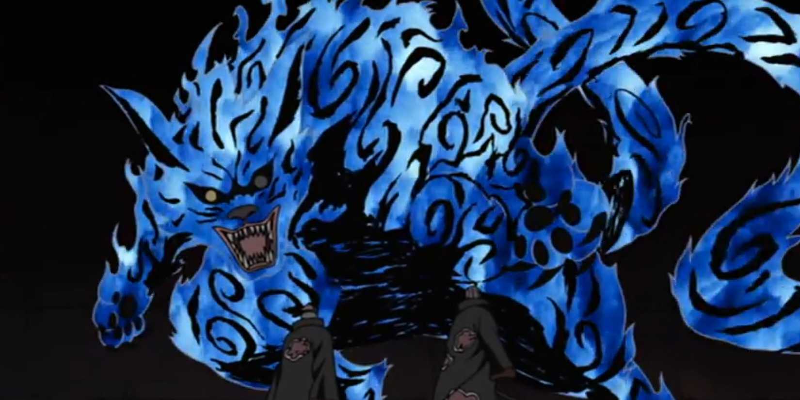 Matatabi Two Tails in Naruto bearing his teeth while two Akatsuki standing in front of him