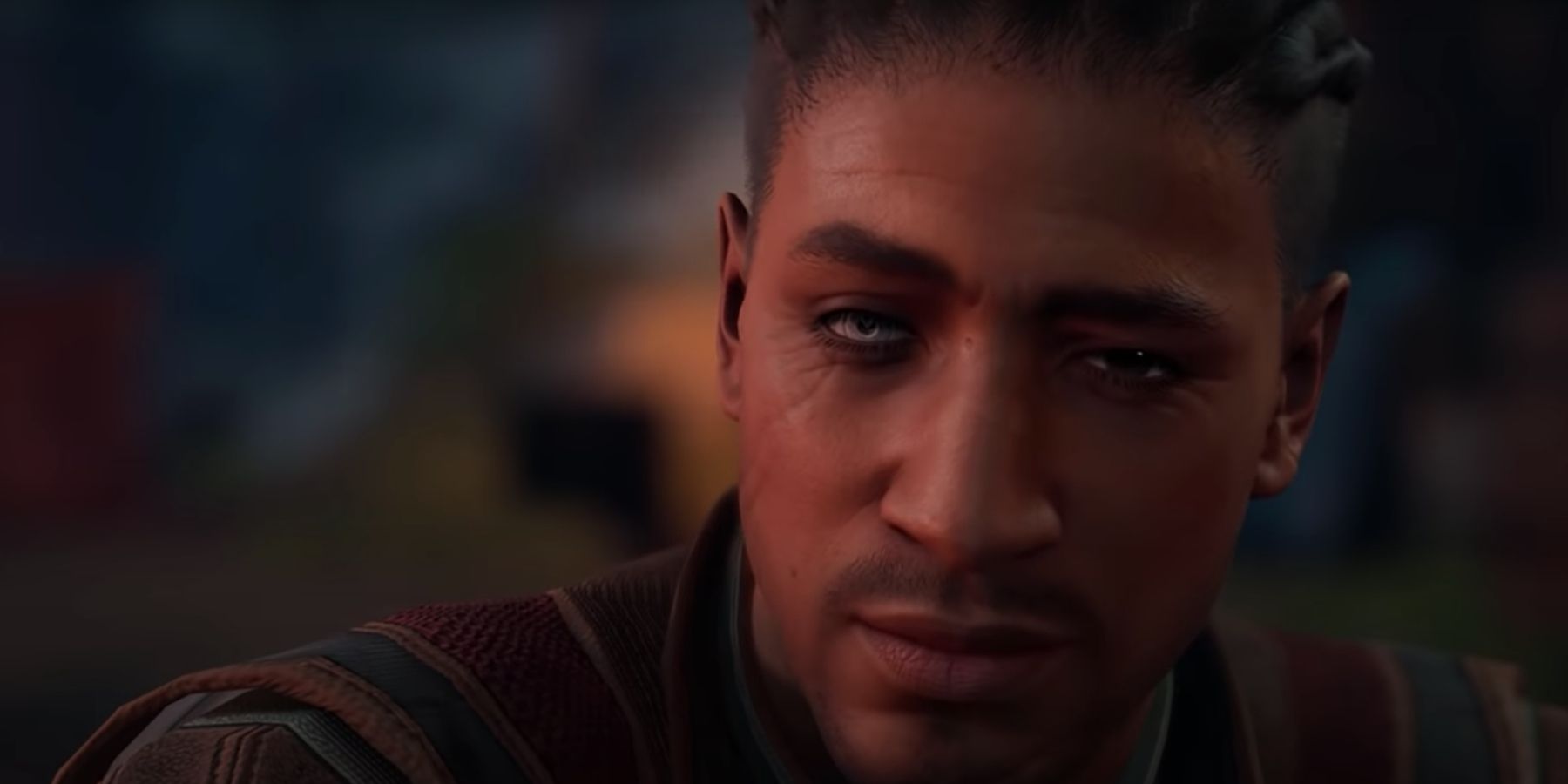 Wyll looking into camera with his one eye in BG3