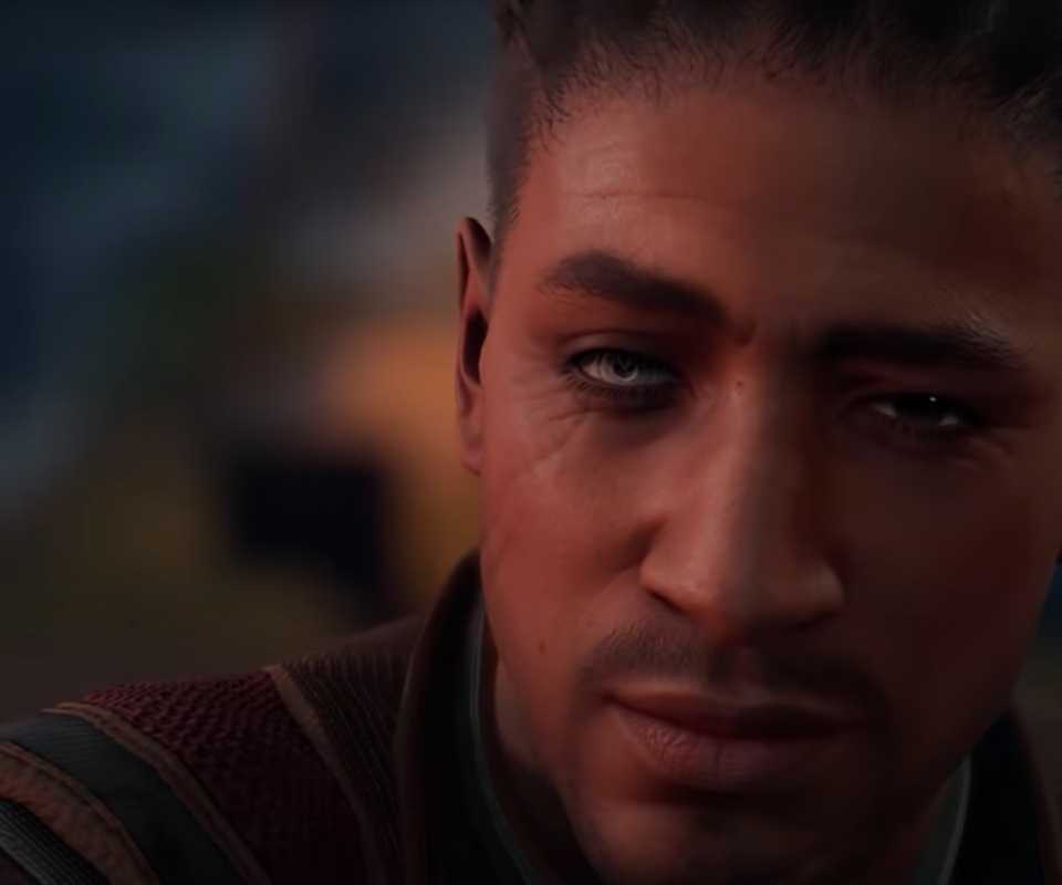 Wyll looking into camera with his one eye in BG3