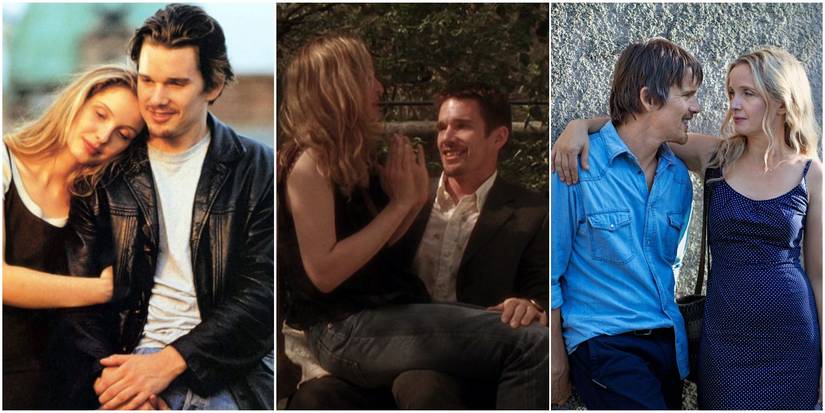 Ethan Hawke Julie Delpy cuddling in every Before trilogy movie