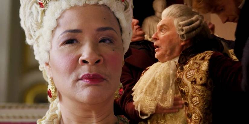 A blended image features Queen Charlotte looking angry and King George III emoting in Bridgerton