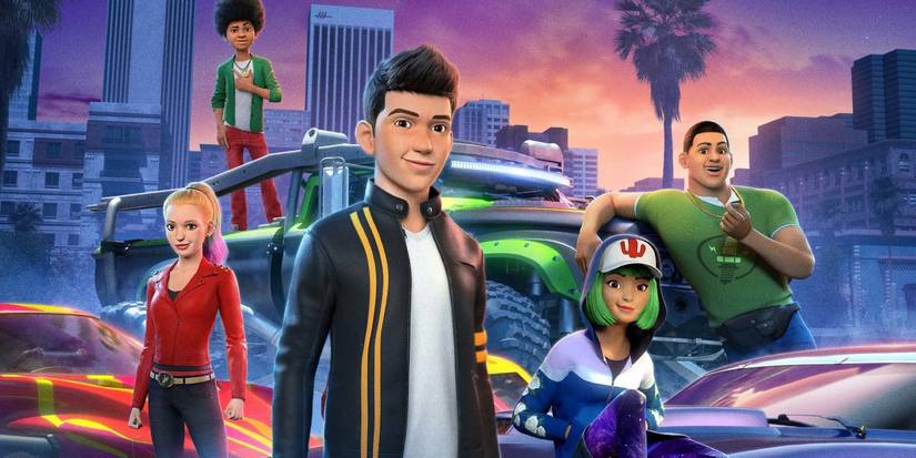 A equipe principal posando em frente a um carro em Fast & Furious Spy Racers.