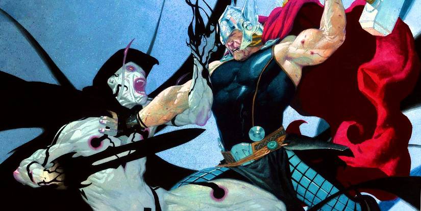 Thor and a screaming Gorr the God Butcher battle in a panel from a Marvel comic book.