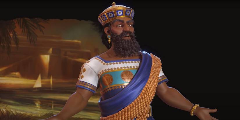 Civilization 6 Hammurabi with his arms out in ornate garb. 