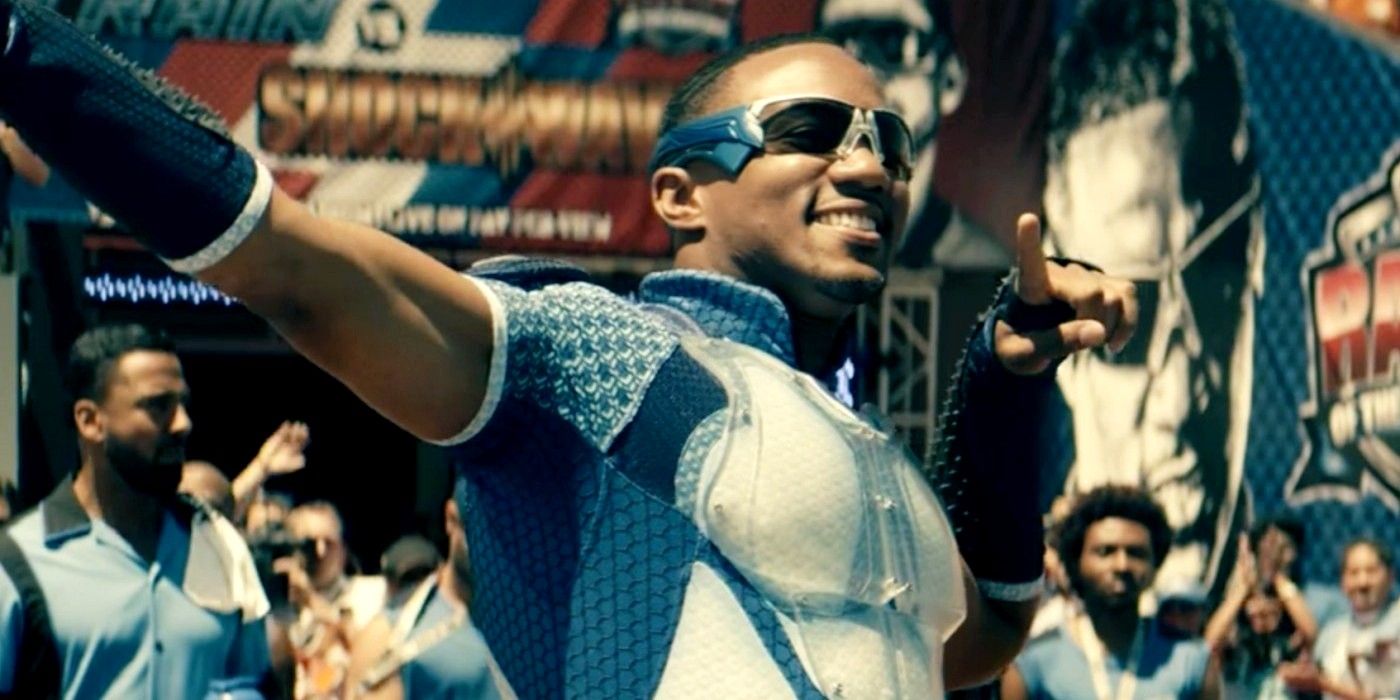 Jessie T Usher as A-Train wearing his blue suit and sunglasses in The Boys