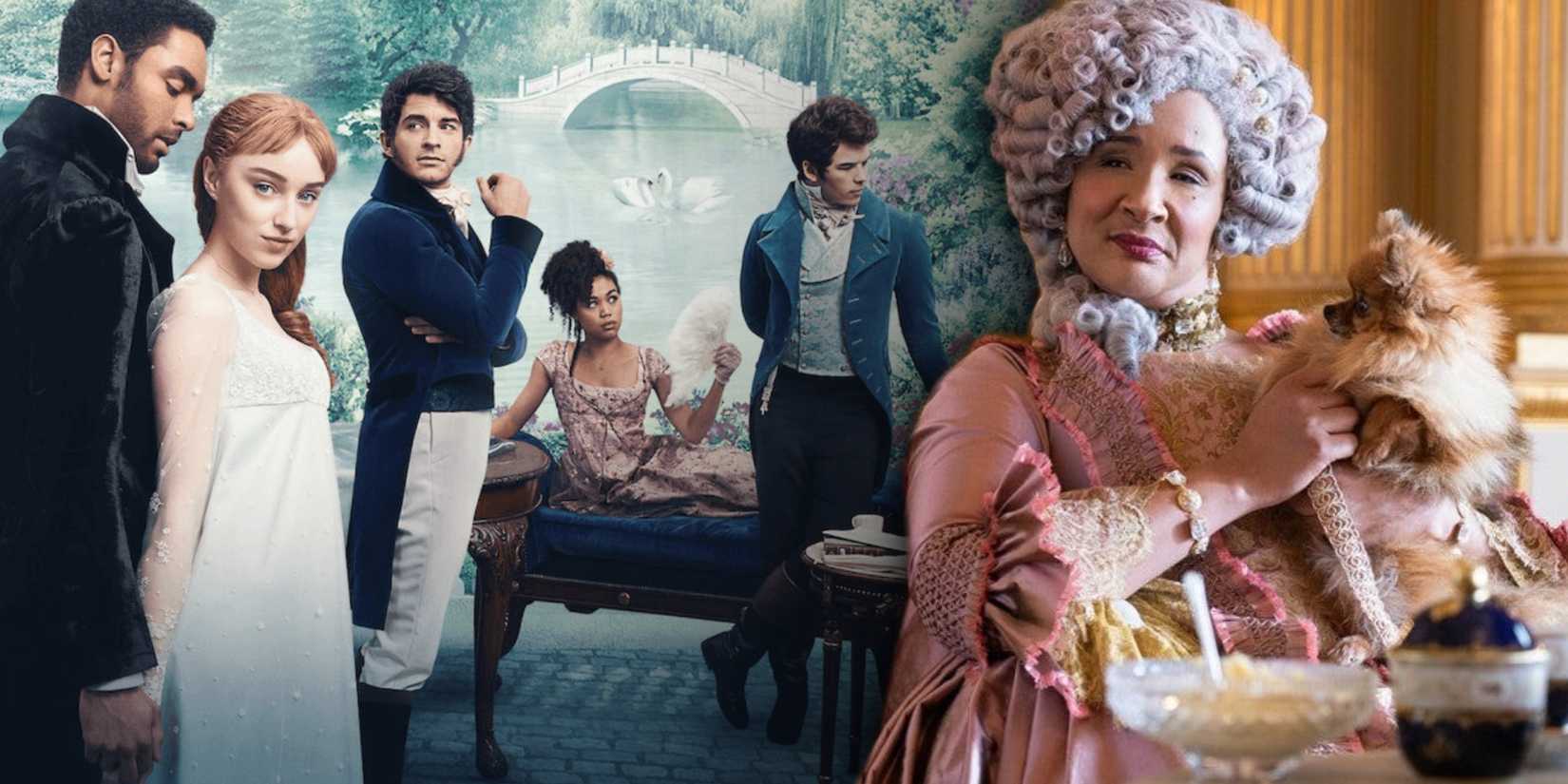 A blended image combines the casts of Bridgerton and Queen Charlotte