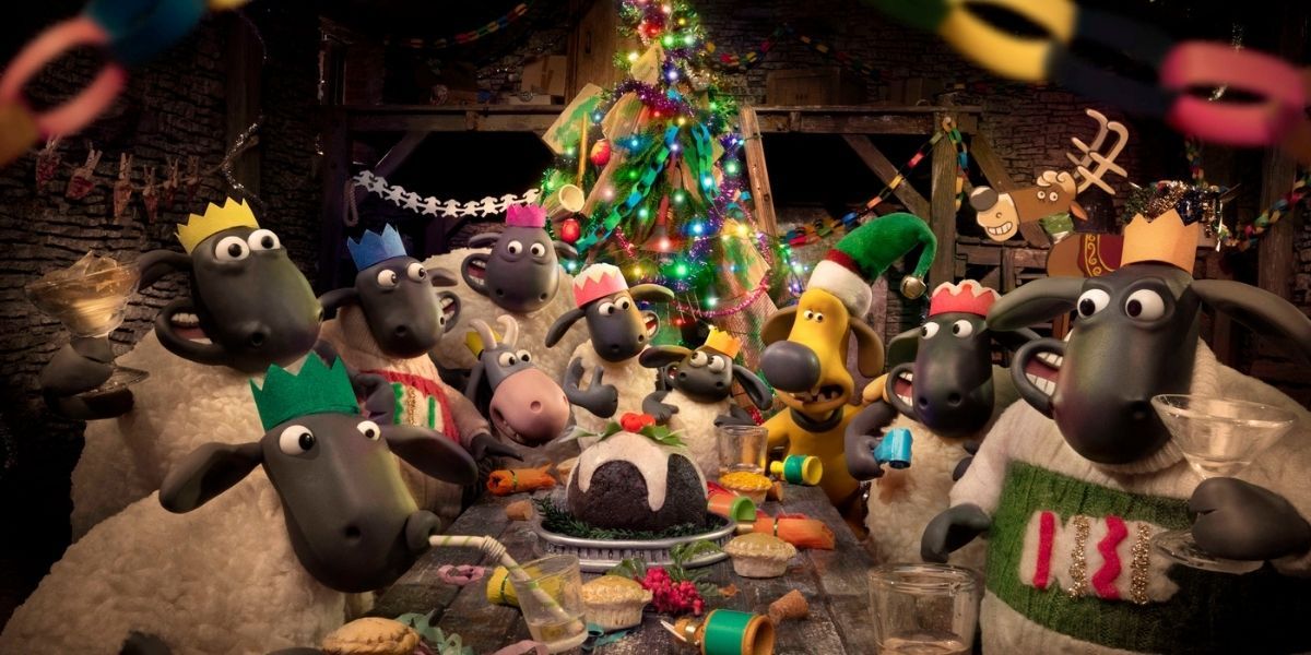 Shaun and the Sheep celebrating around the dinner table in Shaun The Sheep: The Flight Before Christmas