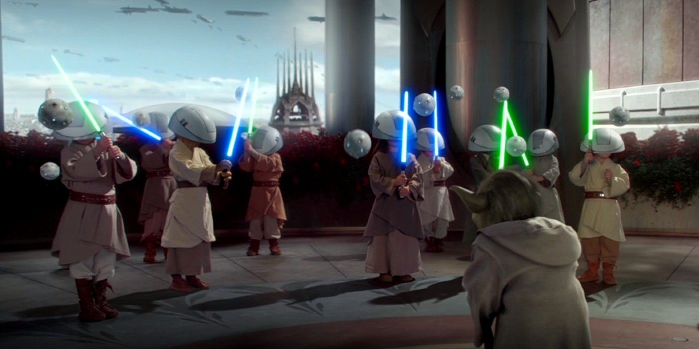 Yoda treina um grupo de jovens em Star Wars Ataque dos Clones