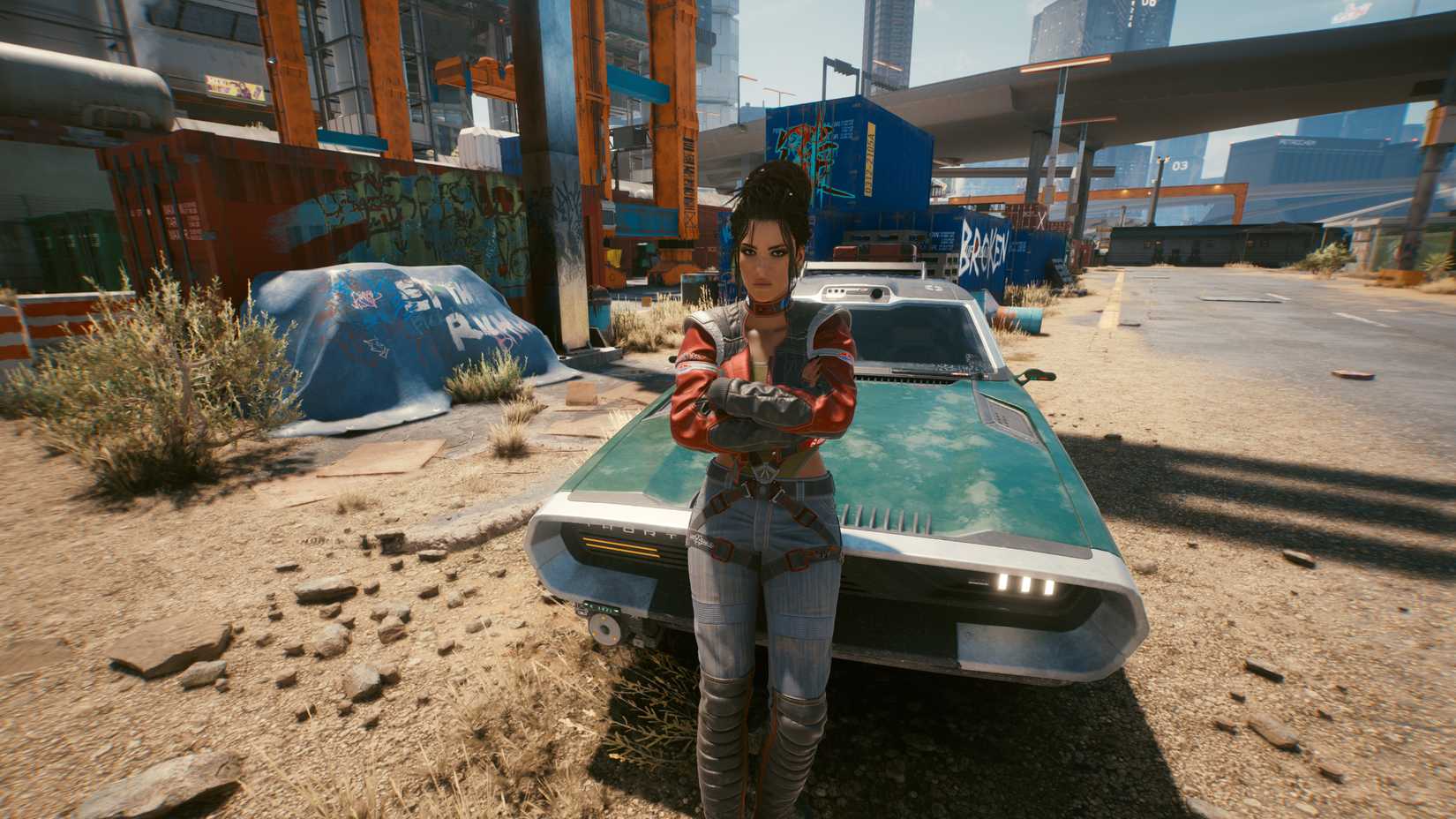 cyberpunk 2077's panam palmer leaning against a car