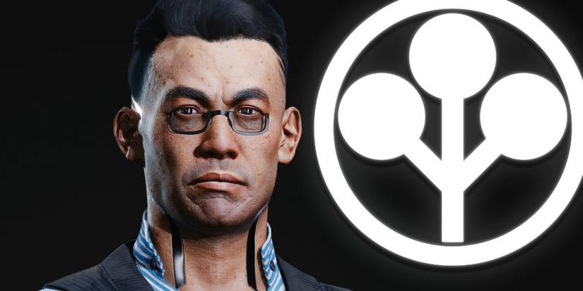 Yorinobu Arasaka from Cyberpunk 2077 next to the Arasaka Corporation's logo.